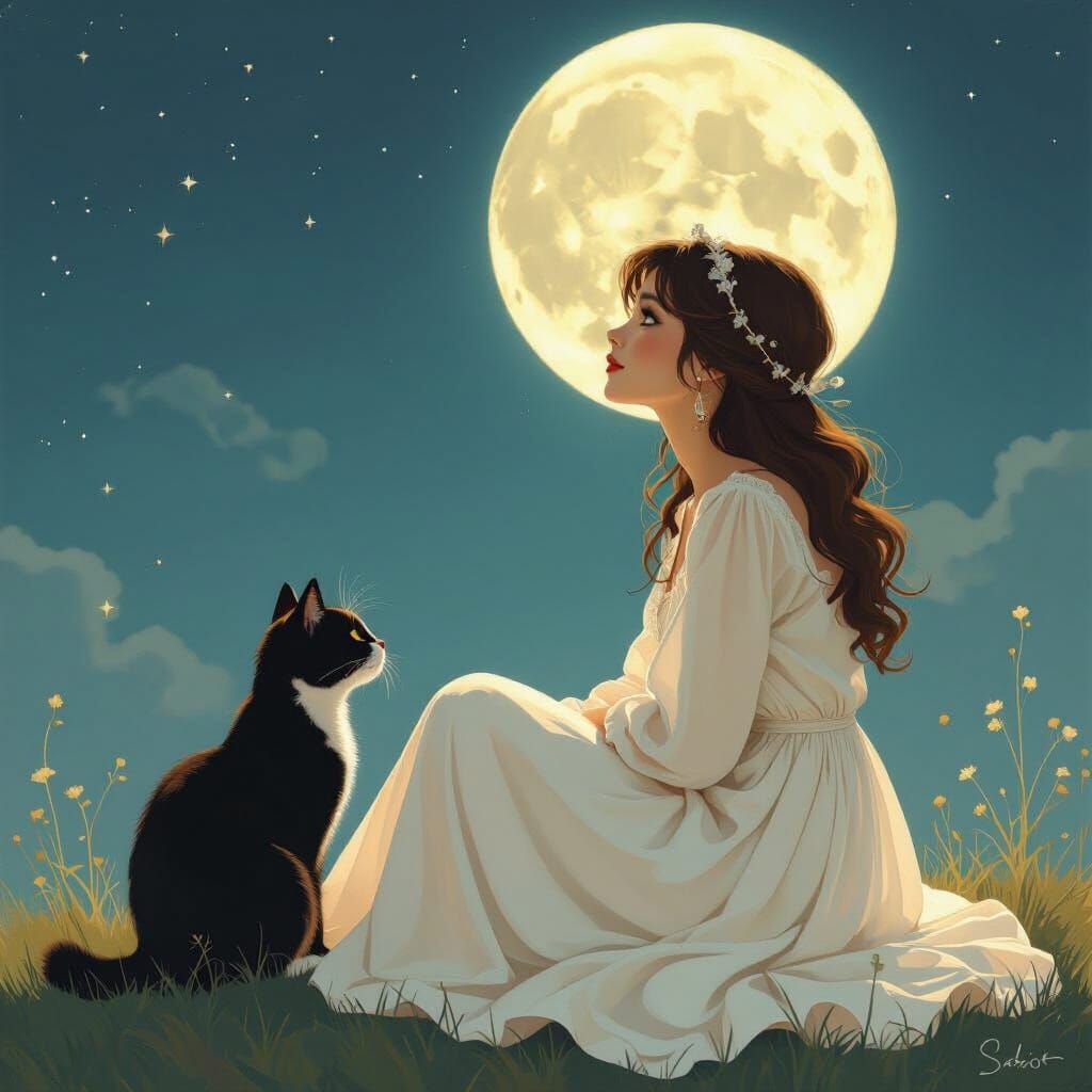 Girl, Cat, and Mother's Face in Moon, Dreamy Art