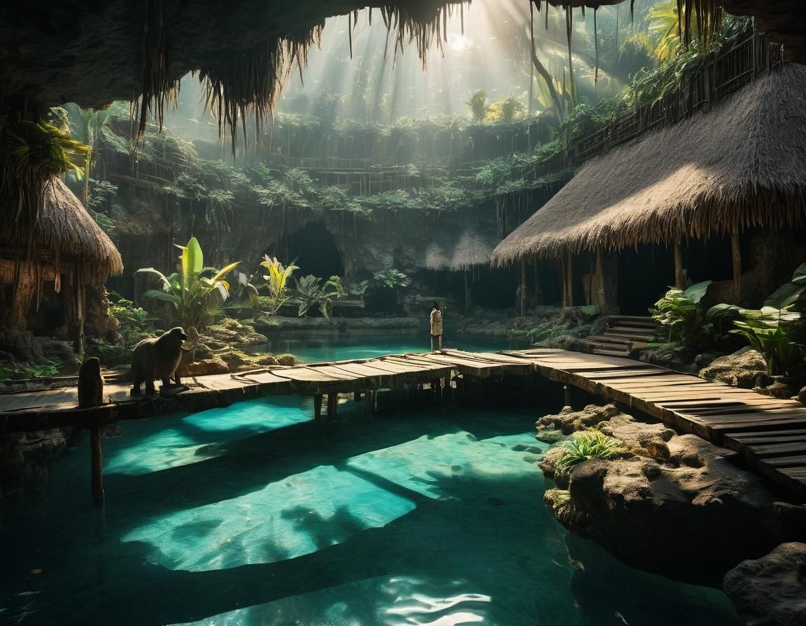 Sunlit Cave with Lagoon and Tropical Paradise