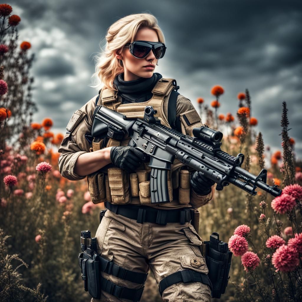Hyperrealistic Woman in Spec Ops Gear with Flowers