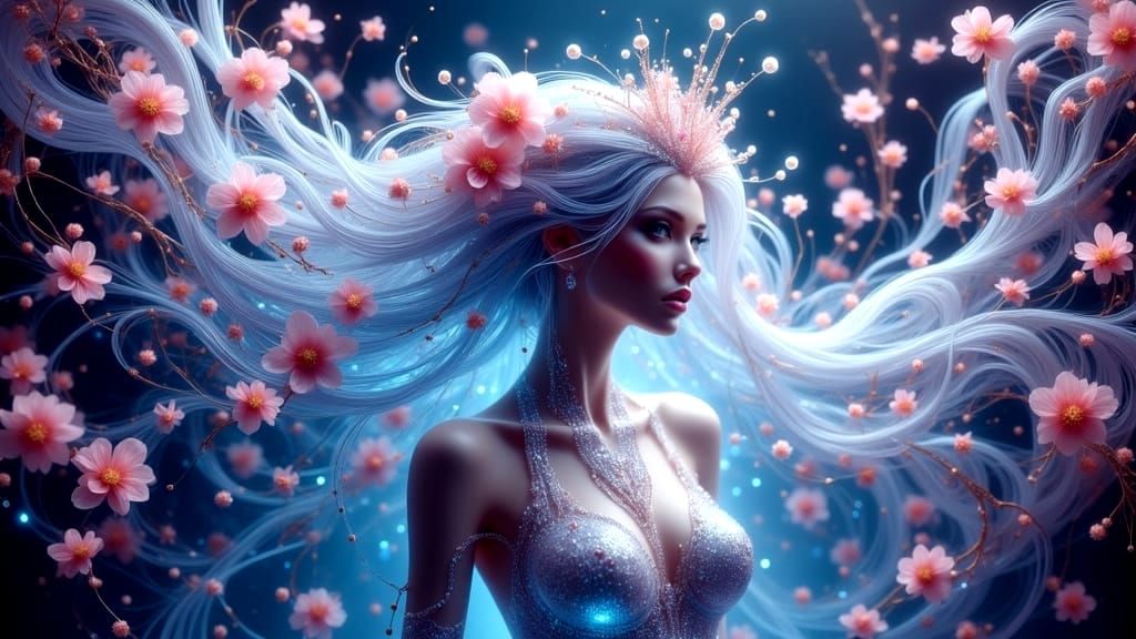 Futuristic Queen with Neon Blossoms in Divine Oil Style