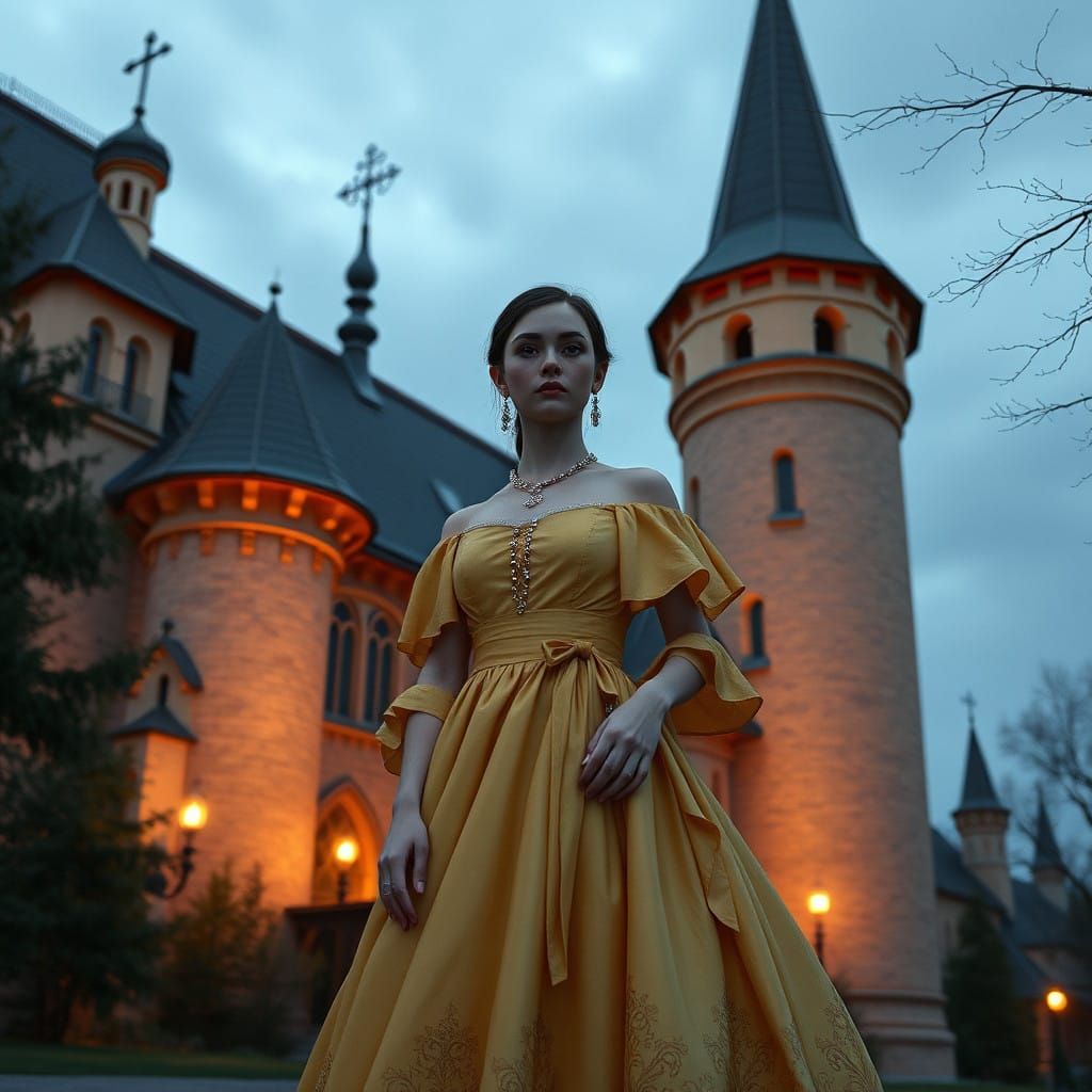 Elegant Woman in Enchanted Medieval Landscape
