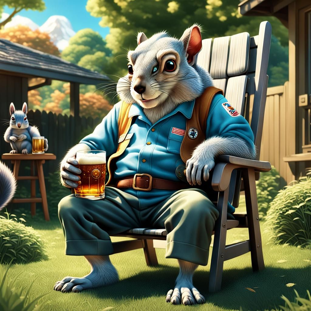 Man and Squirrel Enjoying Beer in Vibrant 3D Anime Style