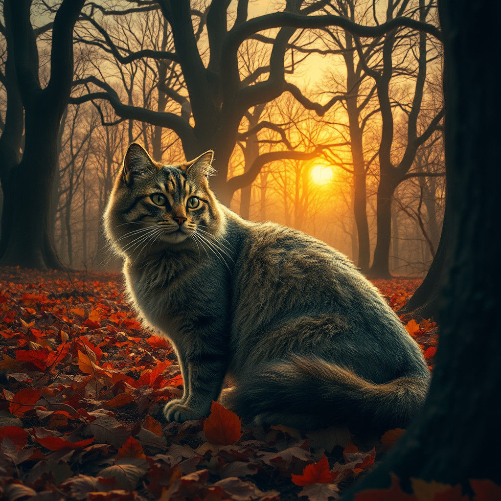 Autumnal Cat: Feline Forest Masterpiece in Hyperrealism
