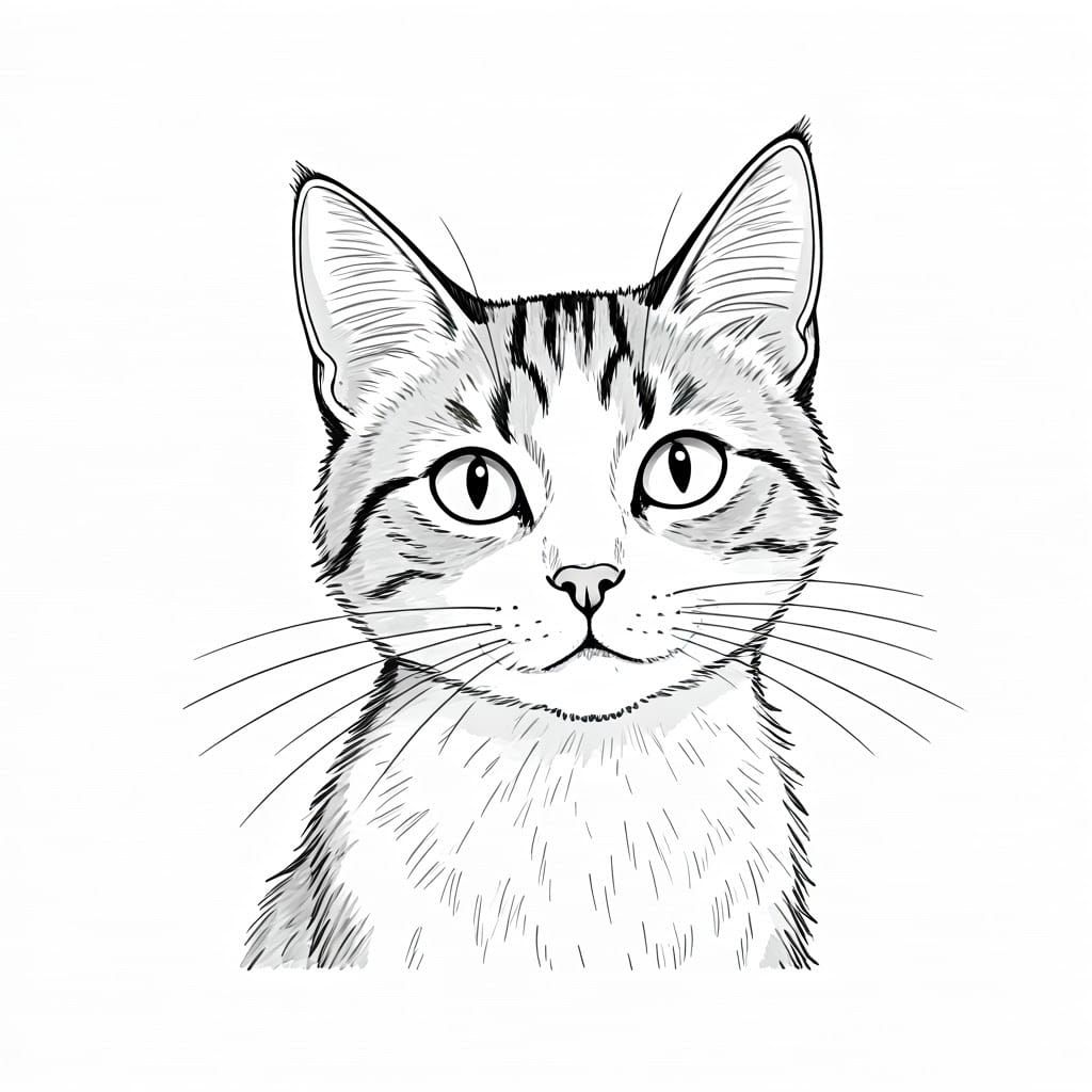 Whimsical Feline Portrait in Simple Line Drawing Style