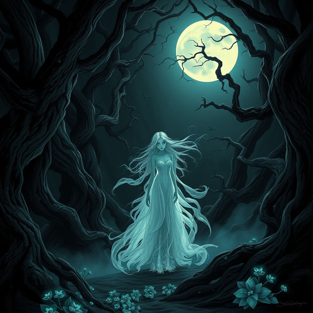 Enchanted Forest: Ghostly Maiden in Bioluminescent Light