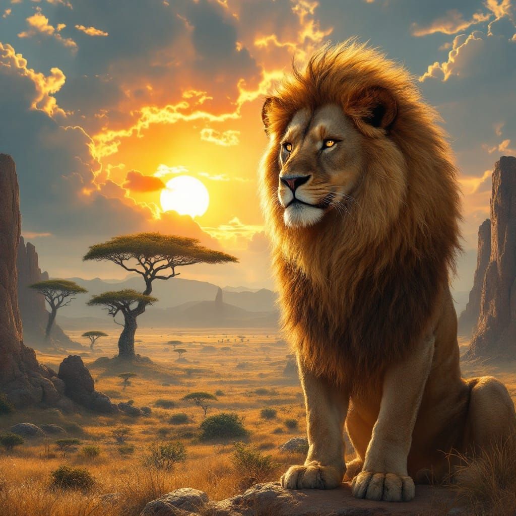 Heroic Sunset with Golden Lion