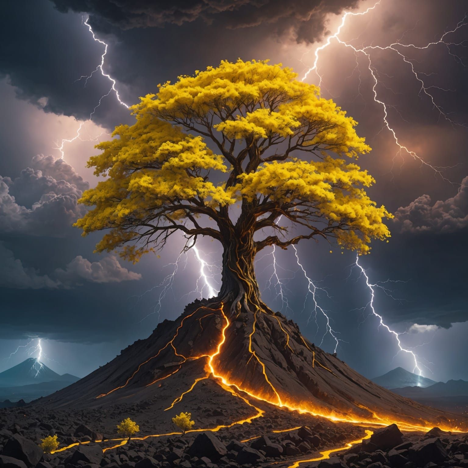 Volcano Tree with Yellow Blossoms: Hyperrealistic Art