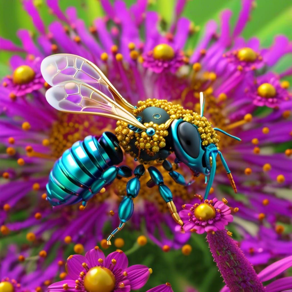 Nanobot Bee Collecting Pollen in Lush Garden