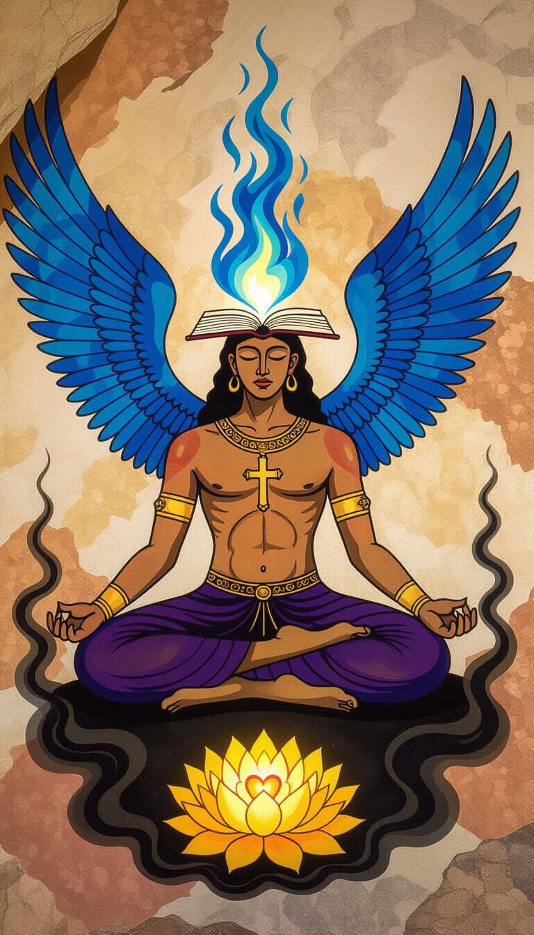 Cave Painting of Meditating Figure with Book Head and Blue F...