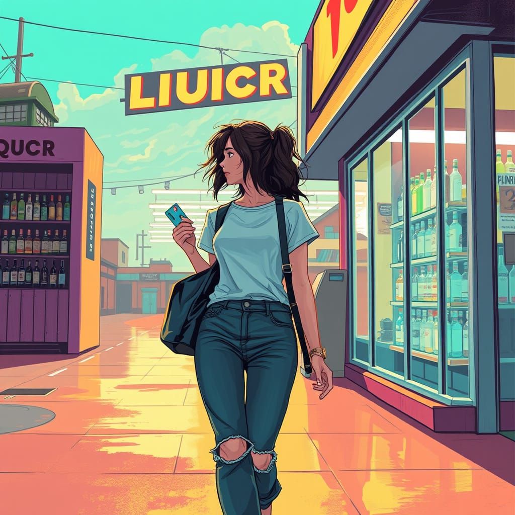 Woman Walks to Liquor Store in Digital Art Style