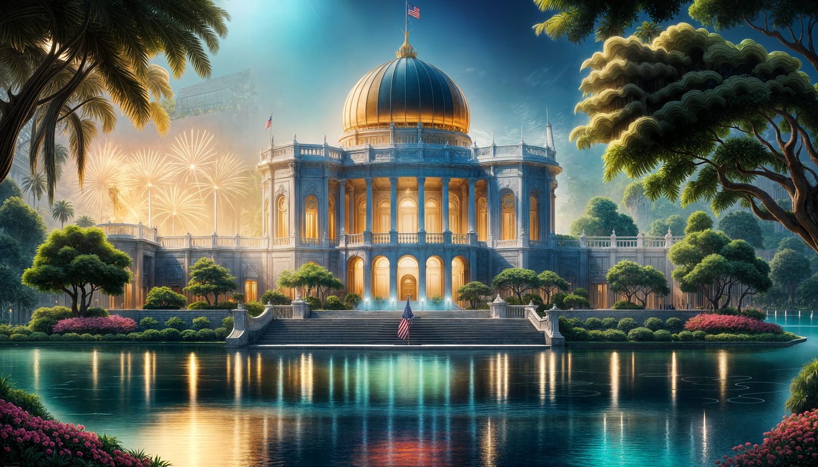 Futuristic Presidential Palace with Sleek Design and Gardens