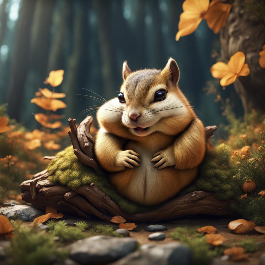 Chubby Chipmunk Sleeping: Detailed Matte Painting