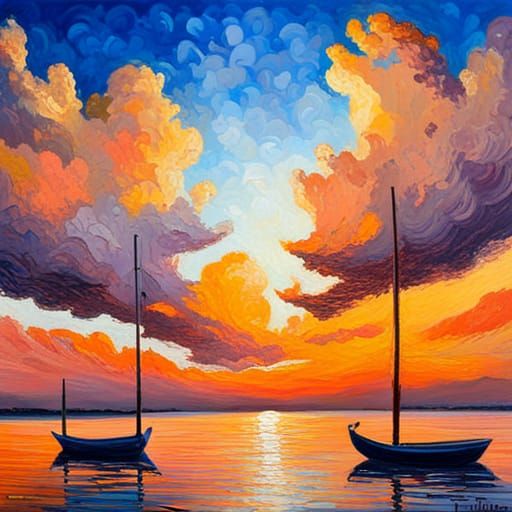 Neo-Impressionist Sun Obscured by Clouds in Oil