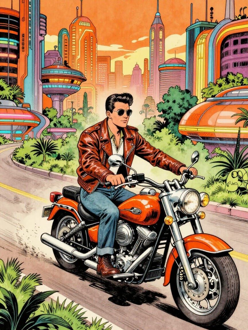 1950s Motorcyclist in Orange Solarpunk City