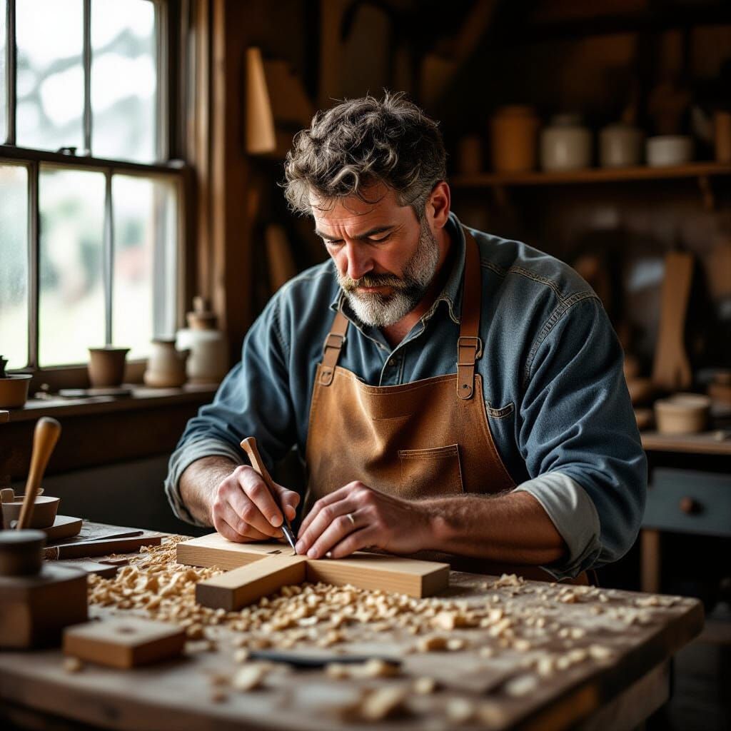 Hand Carving Wooden Cross in Workshop, Expressive Line Art