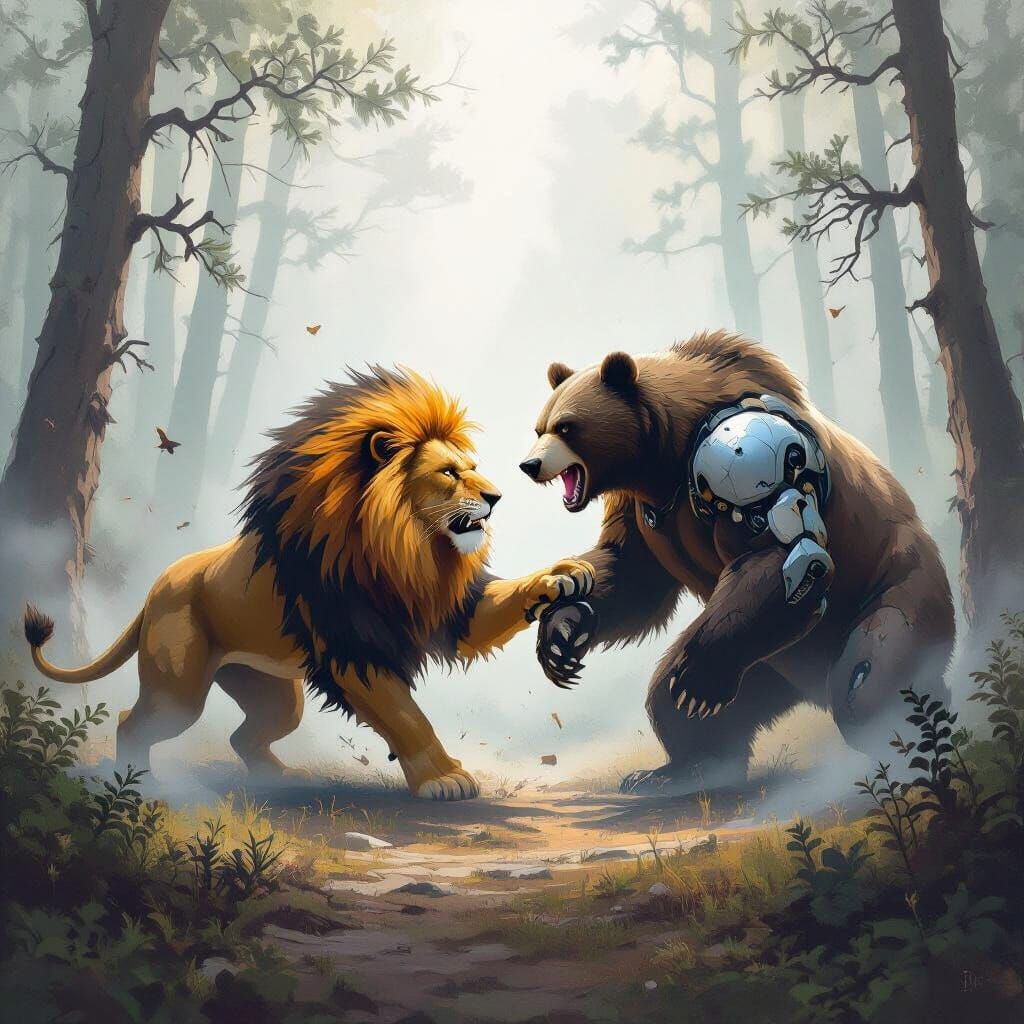 Lion and Bear Clash in Mystical Forest