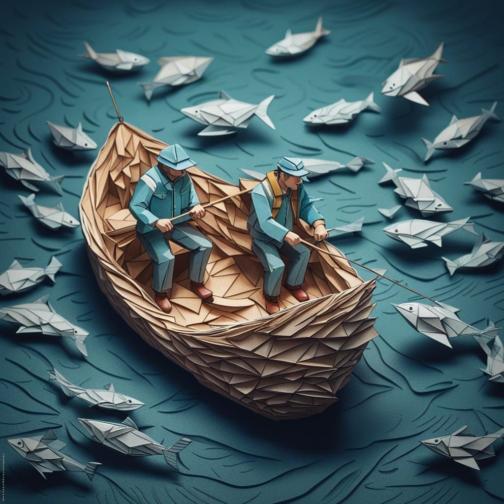 Fishermen Catching Fish: Origami Papercraft Style
