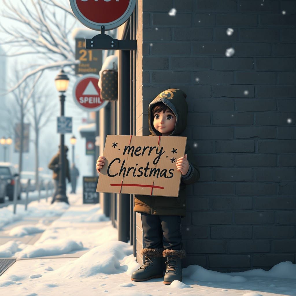 Homeless Boy in Snowy Street Holding Merry Christmas Sign in...