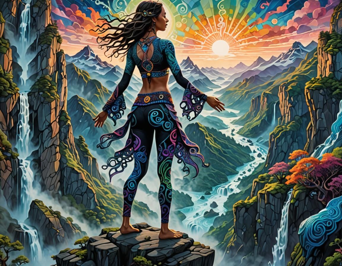 Yogini in Tree Pose: Surreal Psychedelic Mountain Art