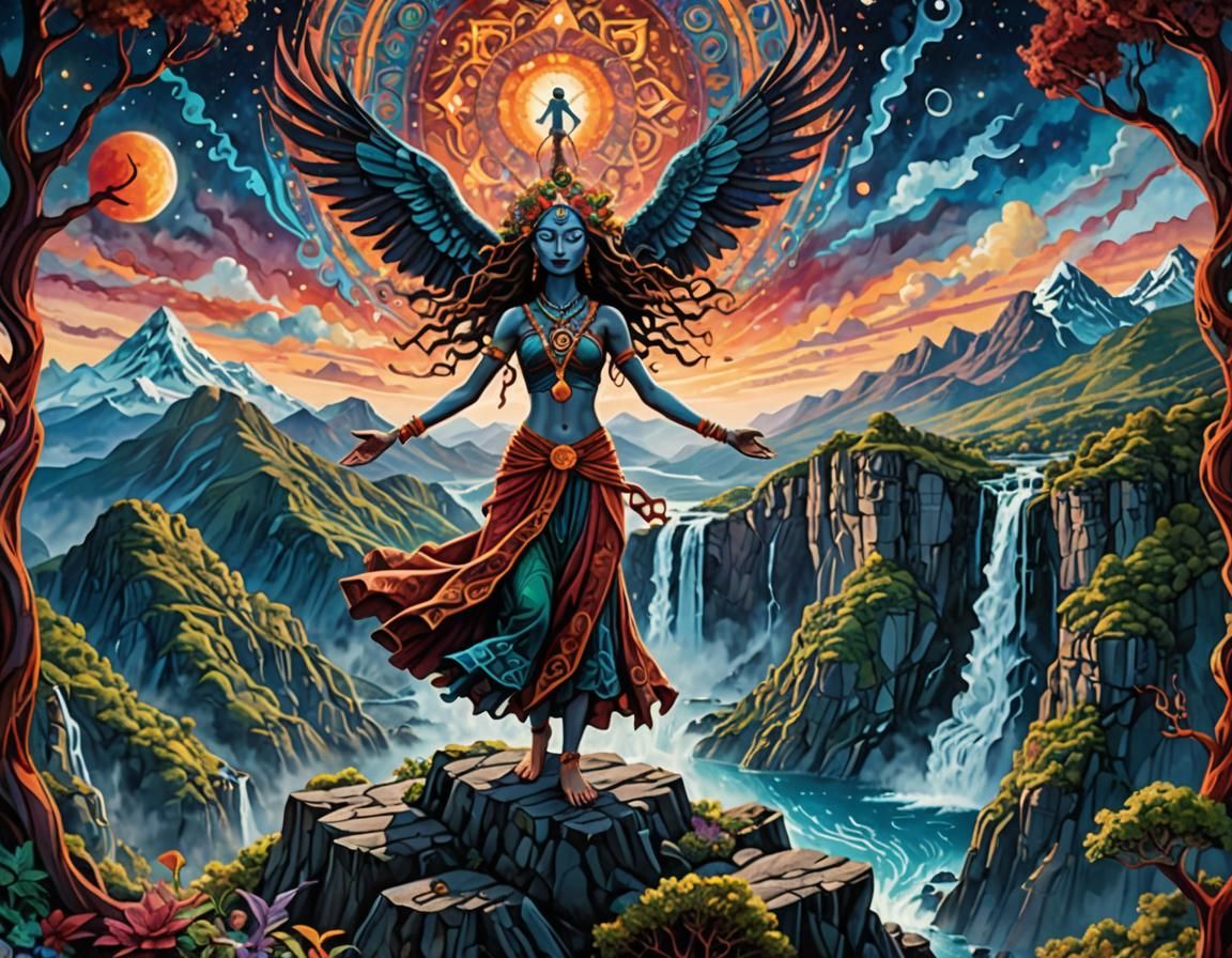 Yogini in Tree Pose: Psychedelic Tim Burton Art