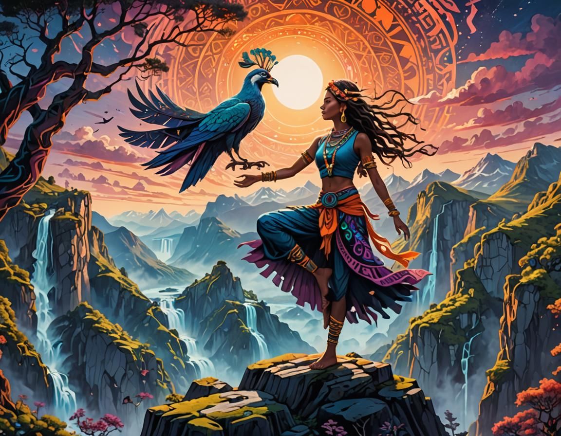 Psychedelic Yogini Tree Pose with Fjord View