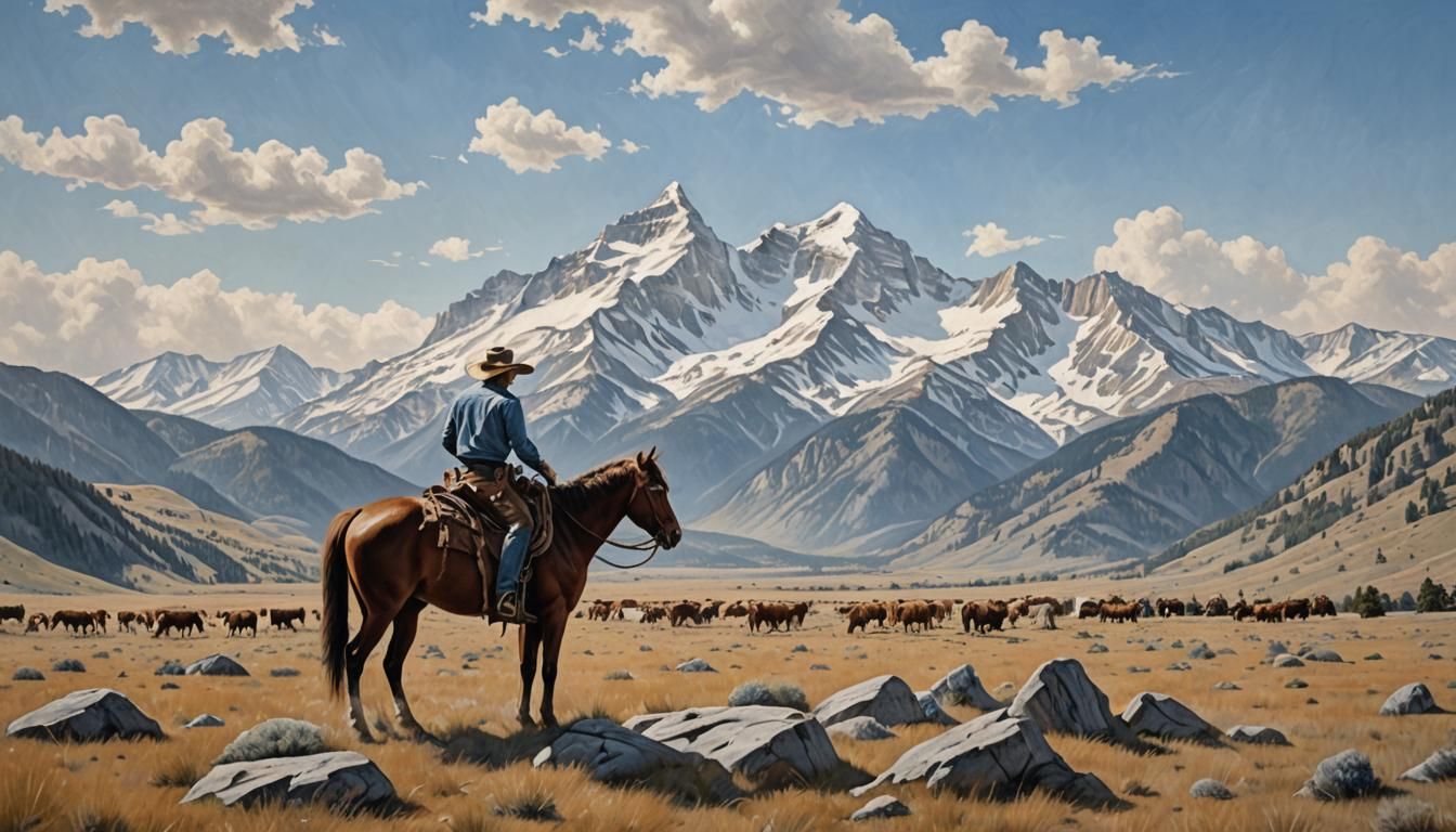 Cowboy and Cattle in Mountain Meadow Oil Painting