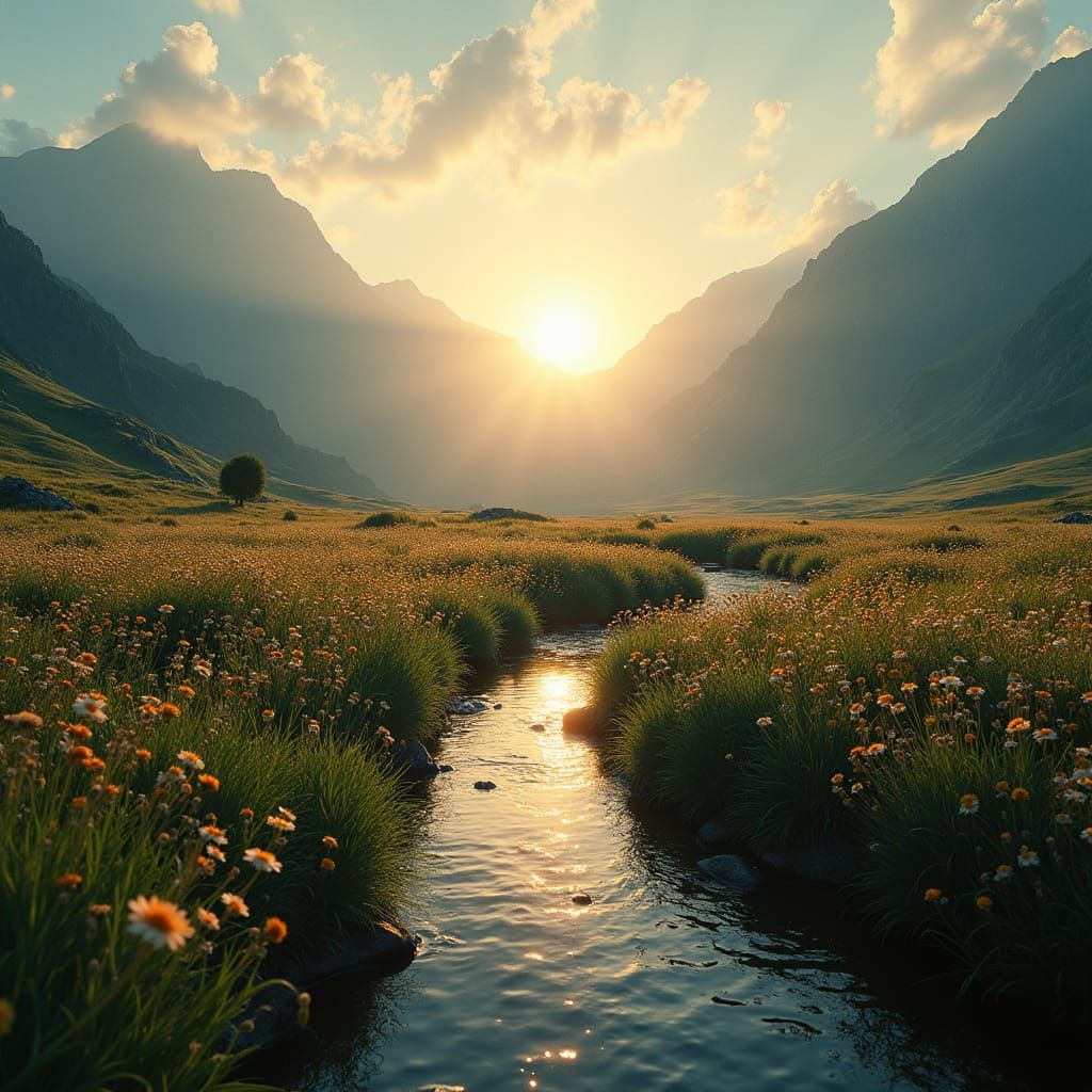 Cinematic Sunrise over Mountain Meadow