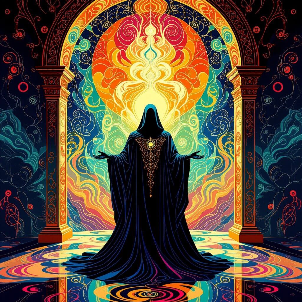 Mystical Figure in Dreamlike Surrealist Shrine