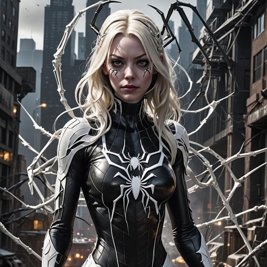 ghost spider, gwen in a black outfit with spider in the cent...