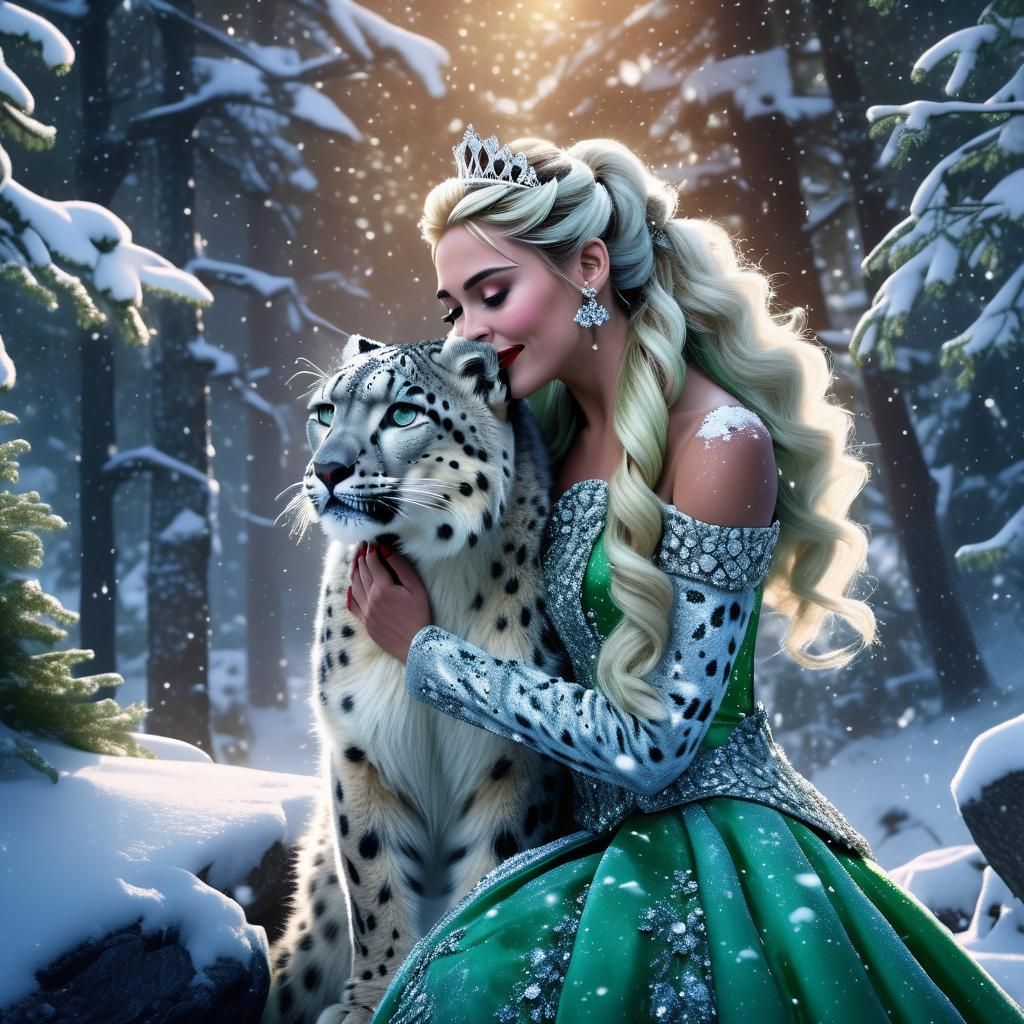 Princess and Snow Leopard in Magical Forest