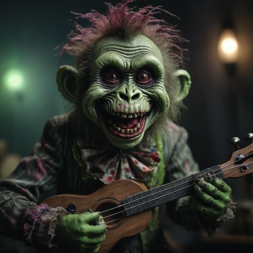 Macabre Musician: Grinning Clown Plays Ukulele in Gothic Hor...