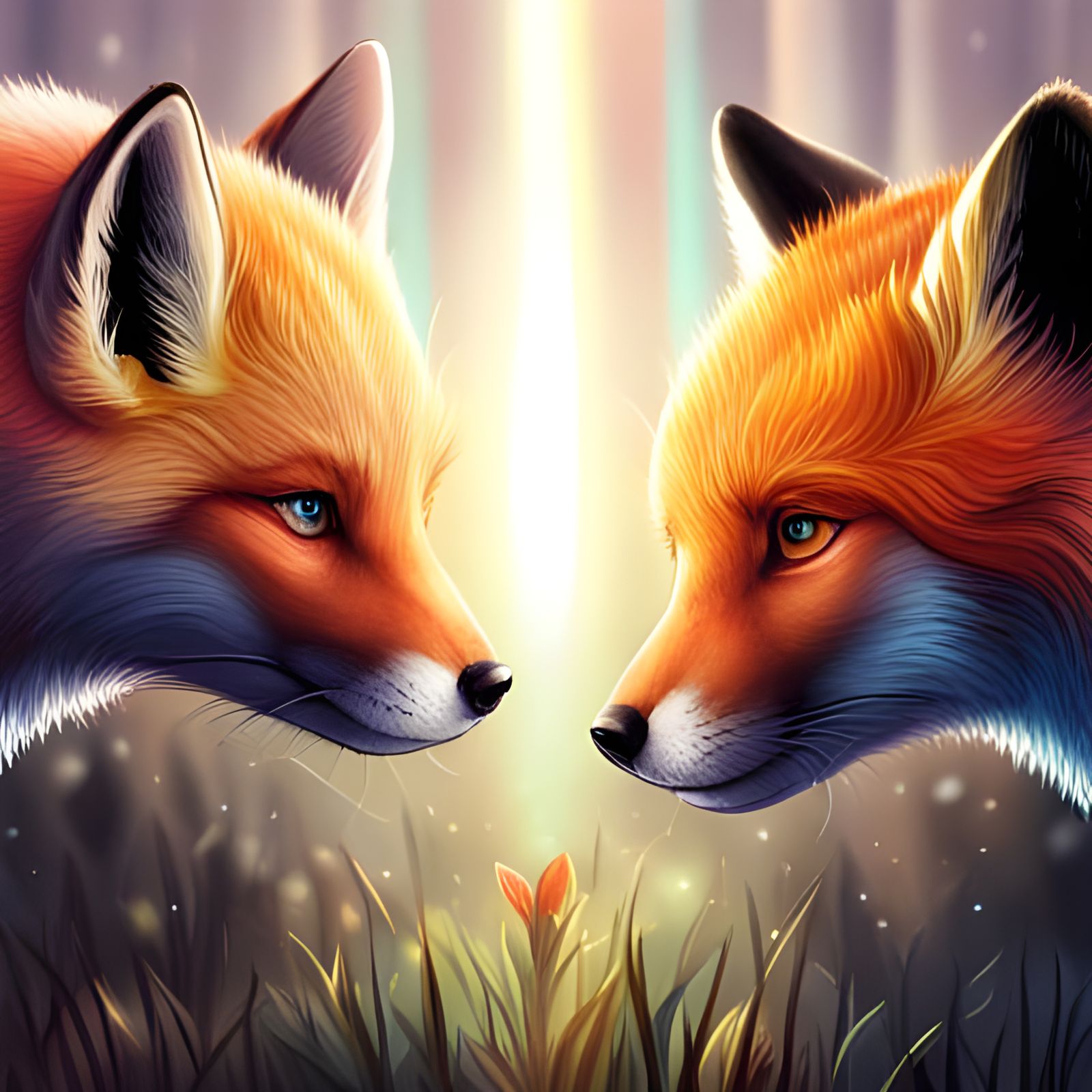 Golden Foxes Touching Noses Under Rainbow