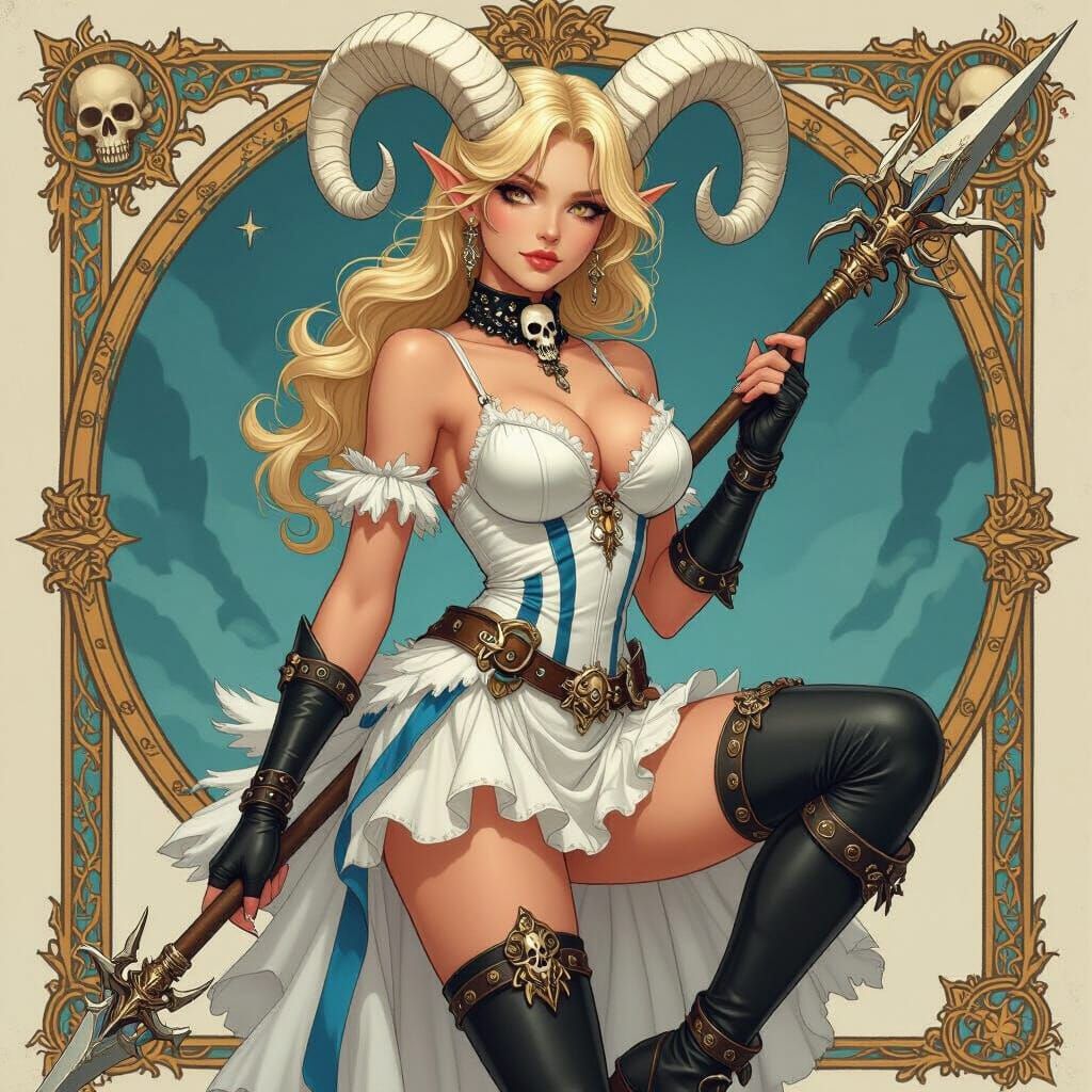 Dark Fantasy Demoness with White Goat Horns and Spear