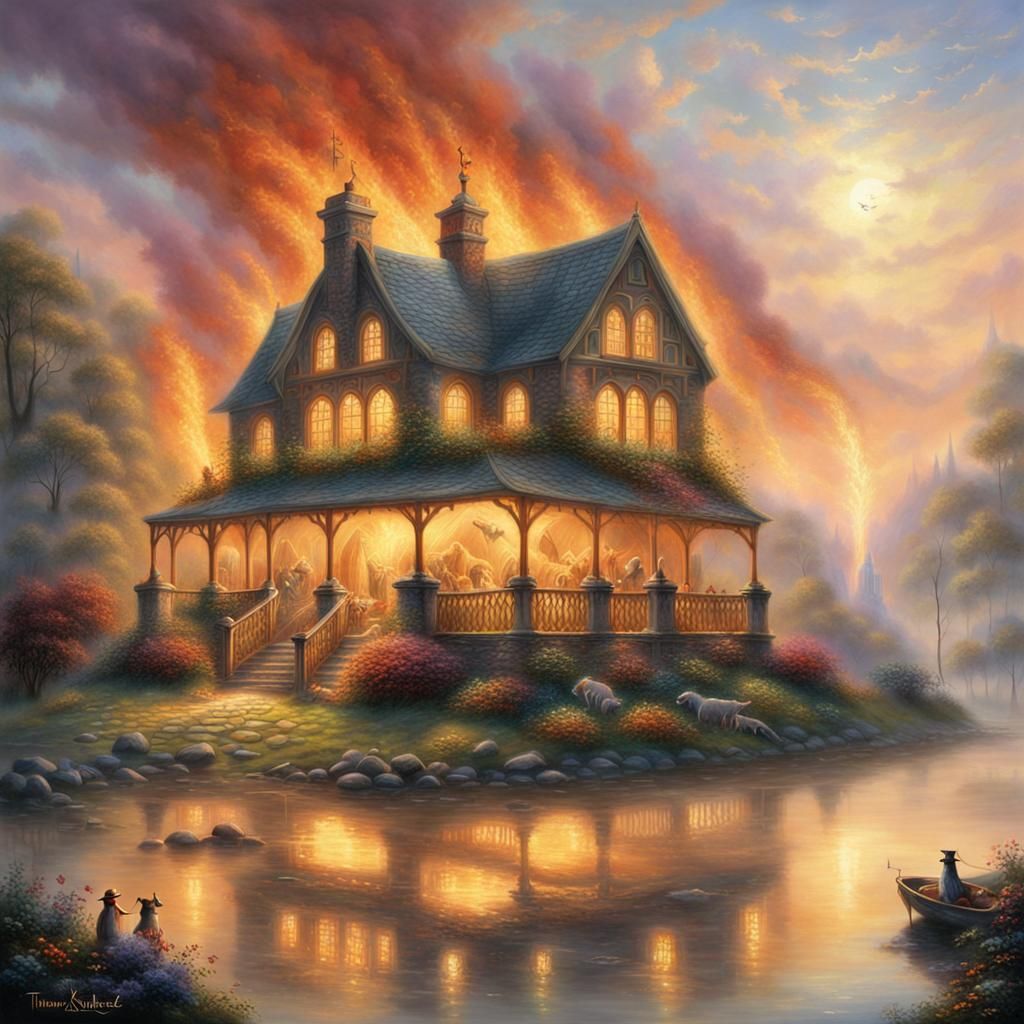 Burning Building with Animals in Ethereal Fantasy Style