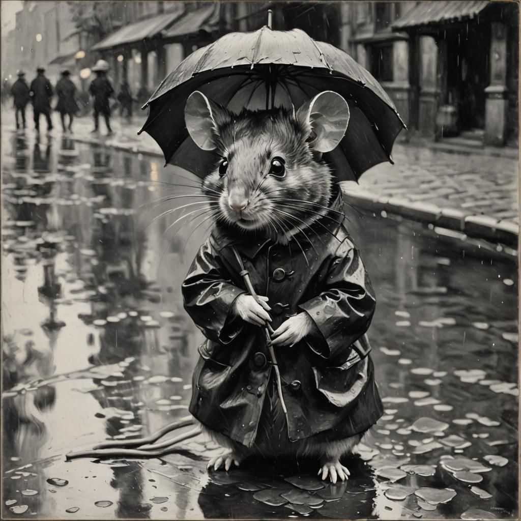 Mouse Portrait in Rainy Day, Monochrome Art