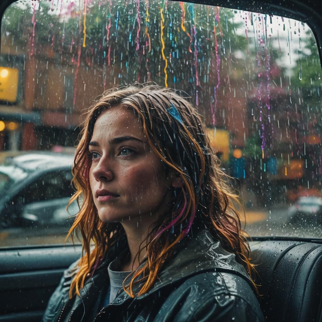 Colorful Rain Streaks on Car Window: Cinematic Film Still