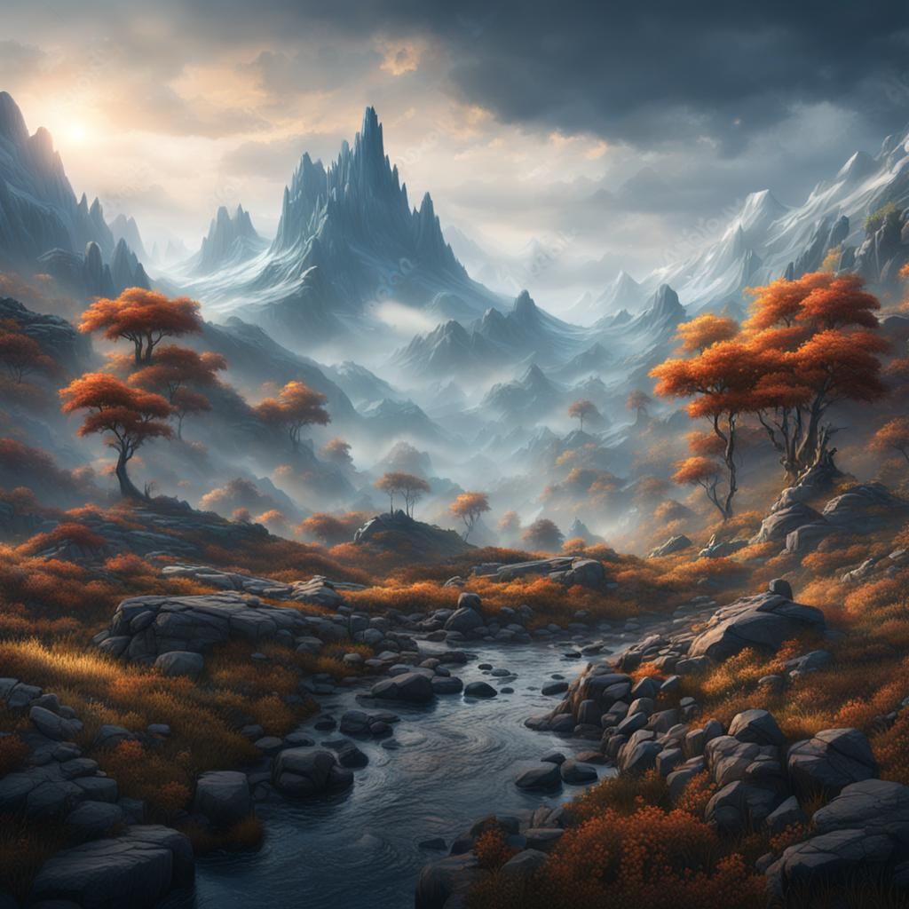 Misty Mountain Landscape in Detailed Matte Painting