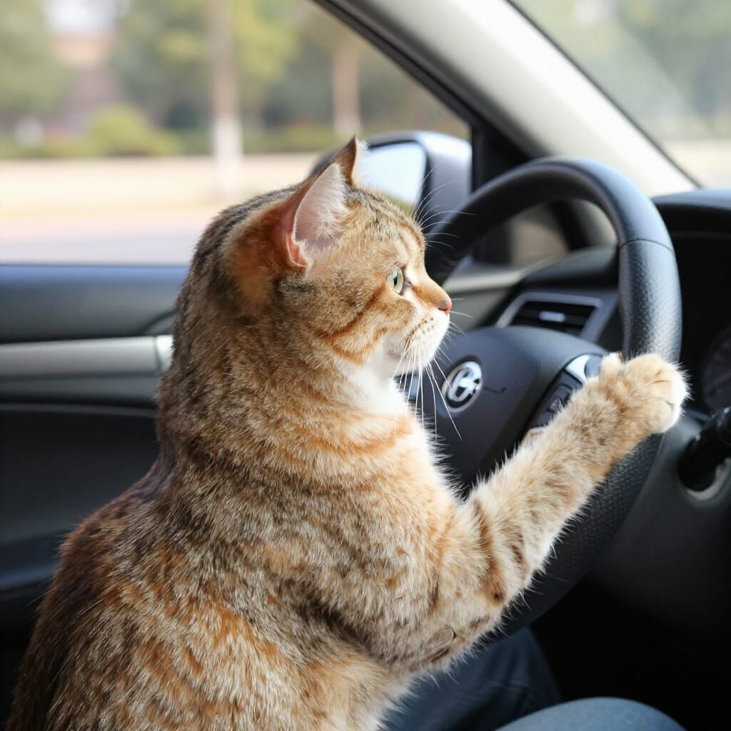 Whimsical Cat Driving a Car on a Sunny Day