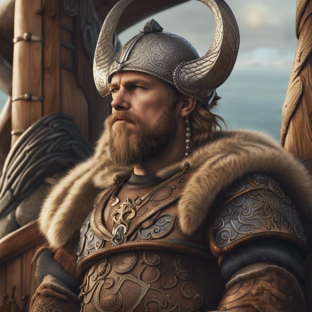 Viking Warrior on Longship in Hyperrealistic Steampunk Style