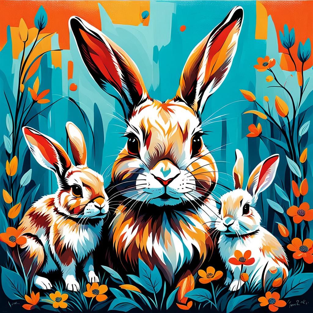 Abstract Mother Rabbit and Babies in Vivid Colors
