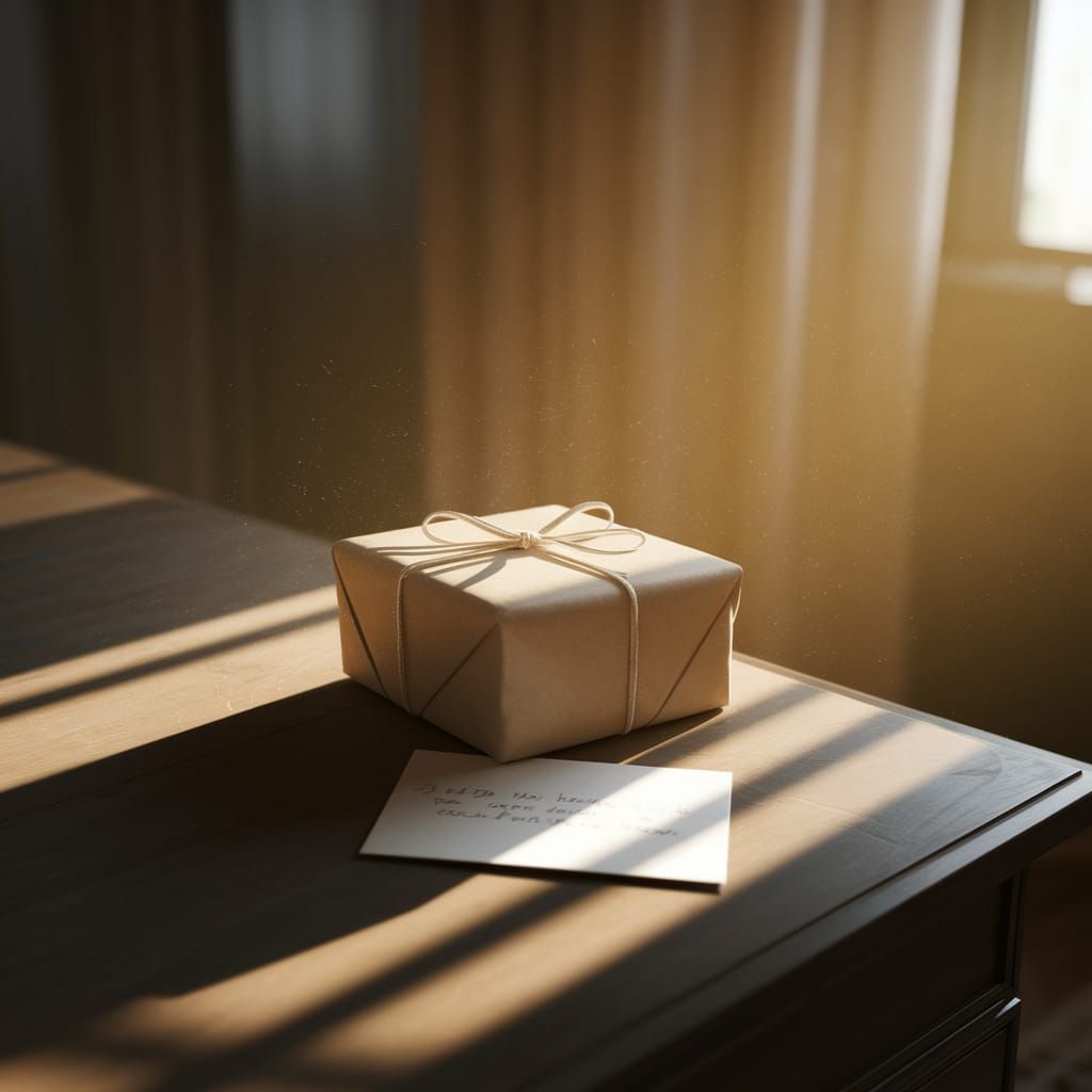 Golden Hour Gift and Unsent Card on Table