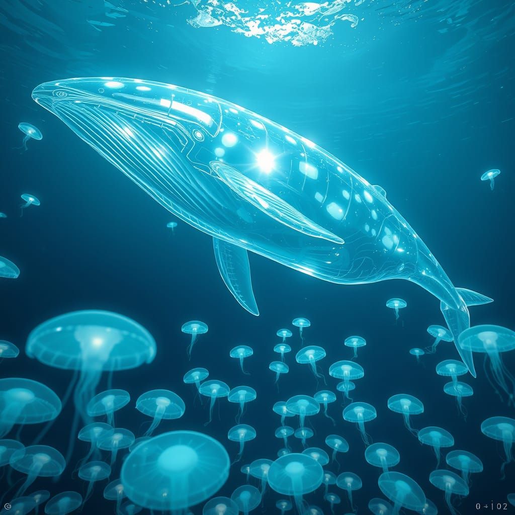 Glowing Glass Whale in Oceanic Dreamscape