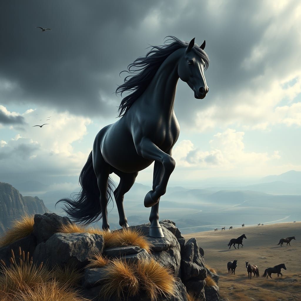 Majestic Black Stallion Overlooking Windswept Grassland