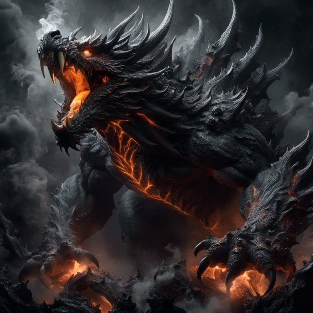 Frosty Demon Dragon Bear in Dark Smoke