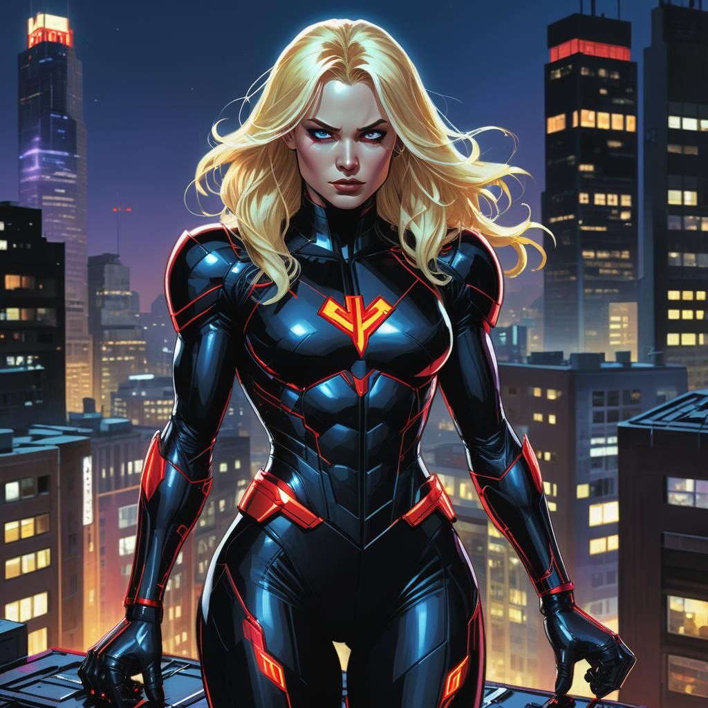 Cybernetic Superheroine on Rooftop in Comic Book Art