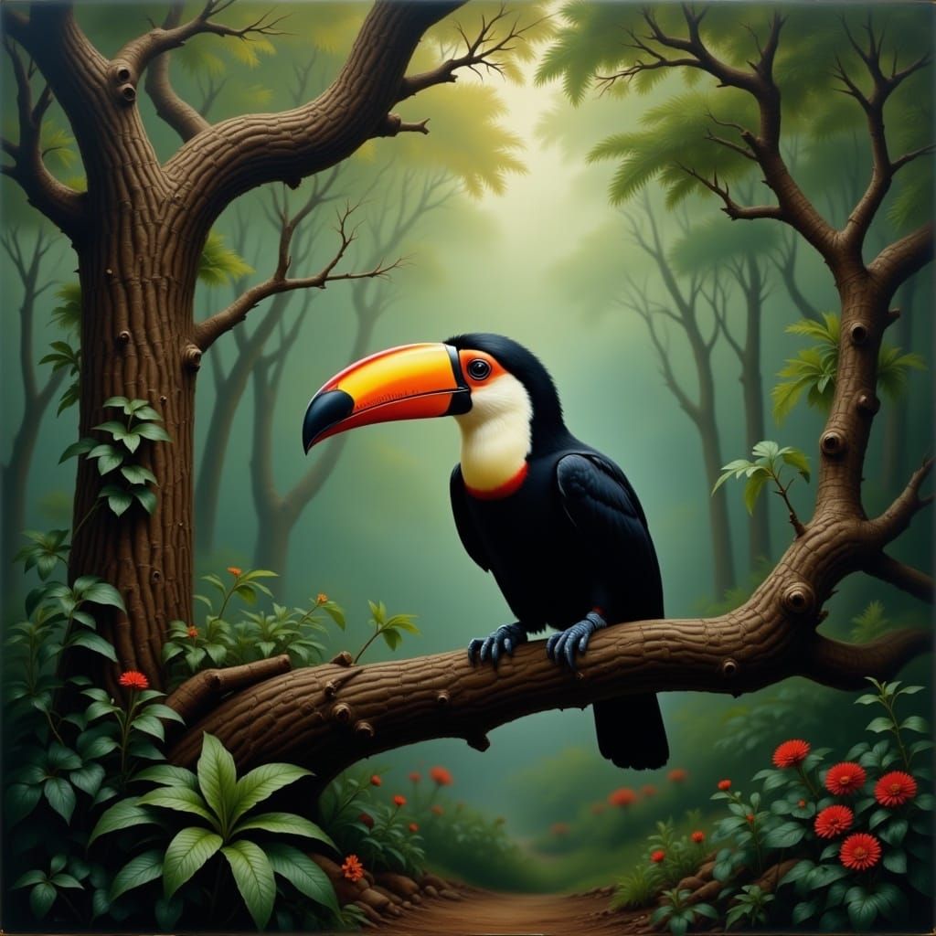 Toucan in Rainforest Tree as Oil Painting