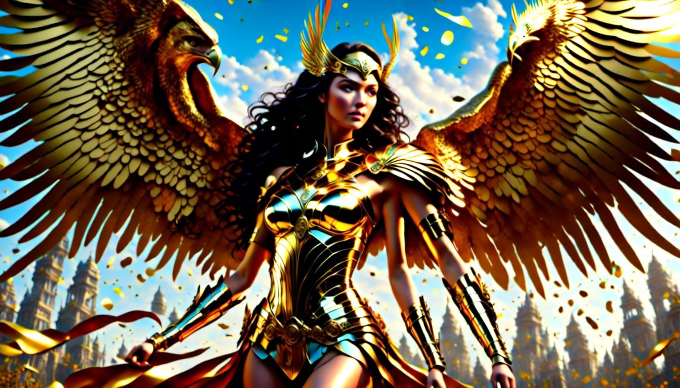 Wonder Woman in Golden Winged Armor, Surreal Art