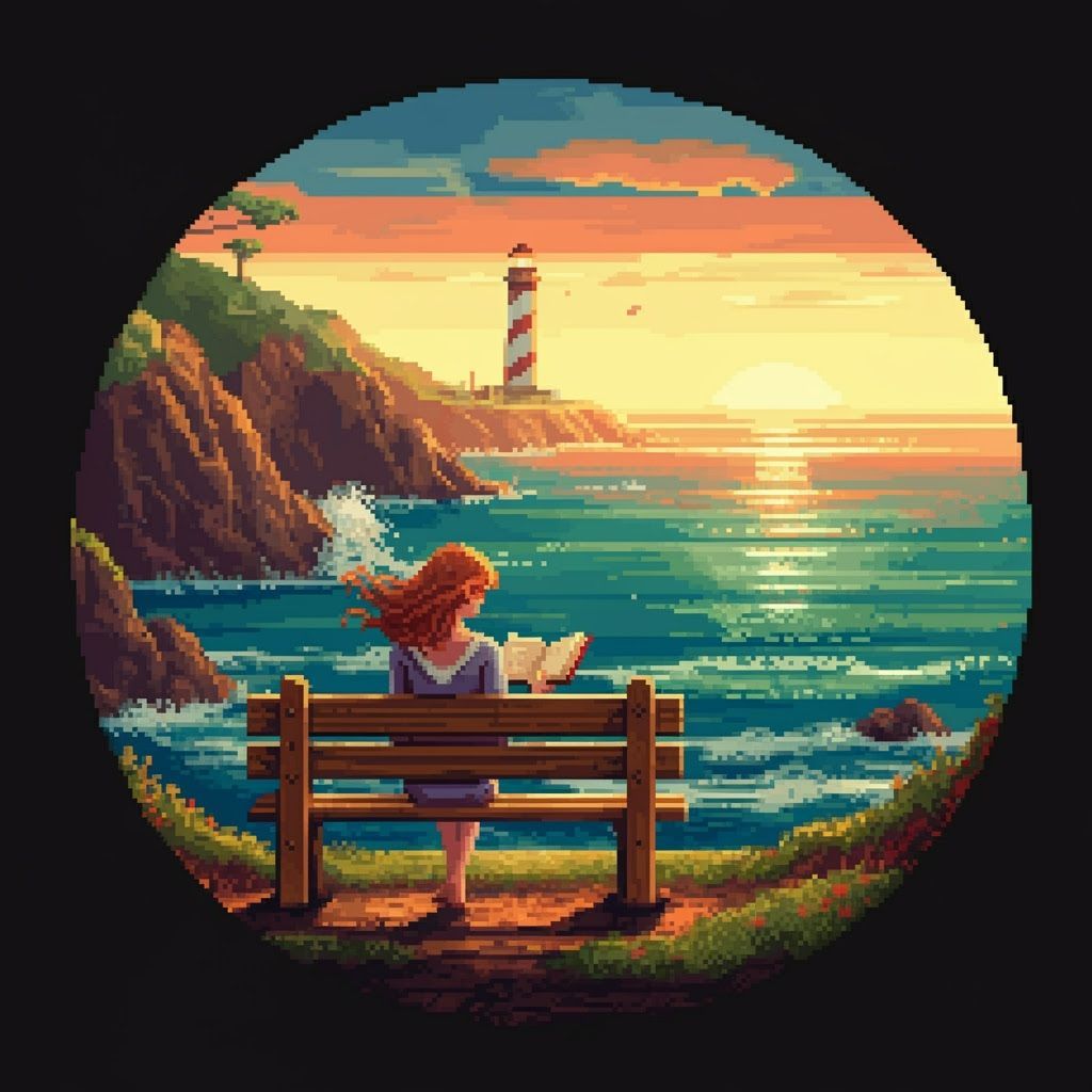 Seaside Reader in 16-bit Pixel Art