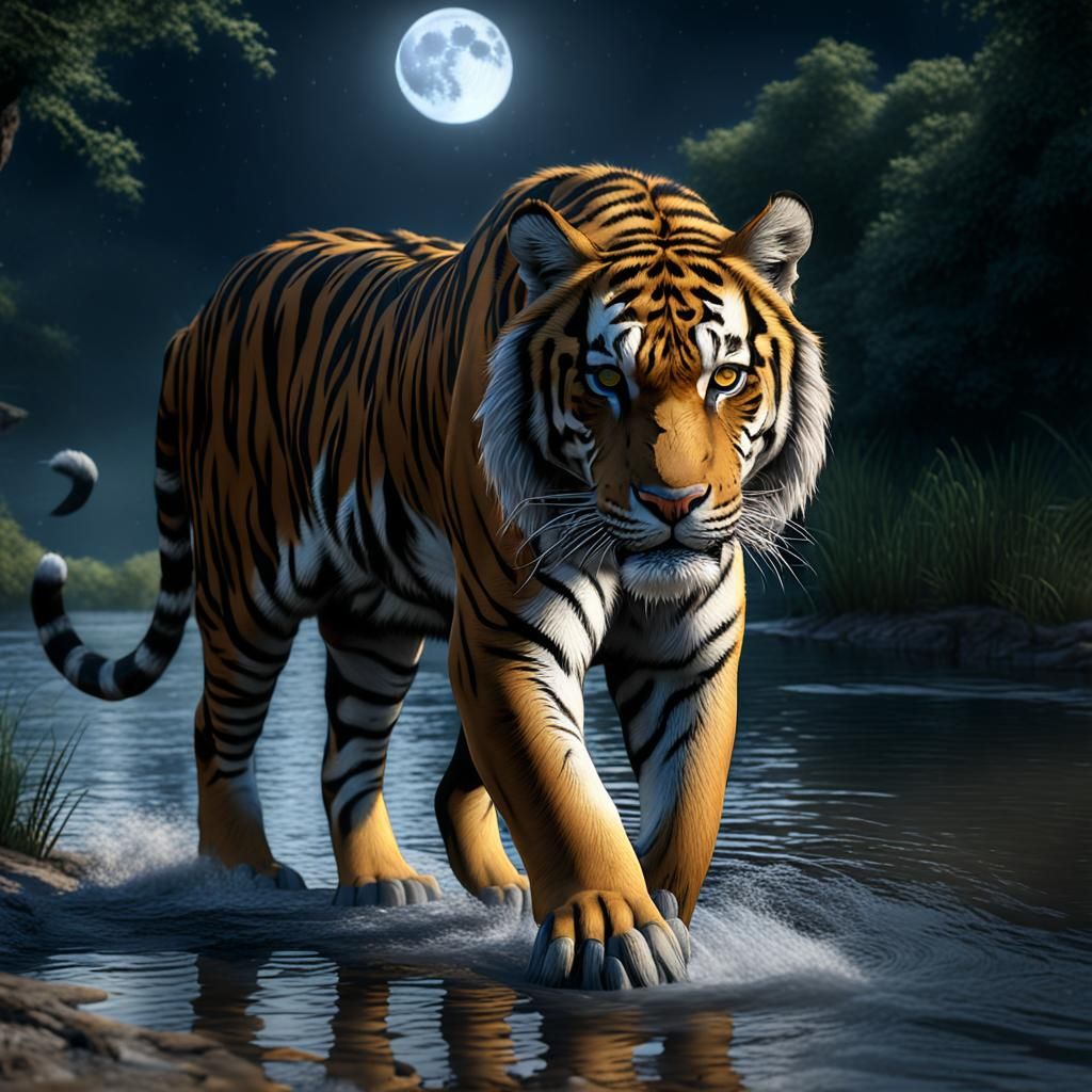 Bengal Tiger River Crossing Under Full Moon