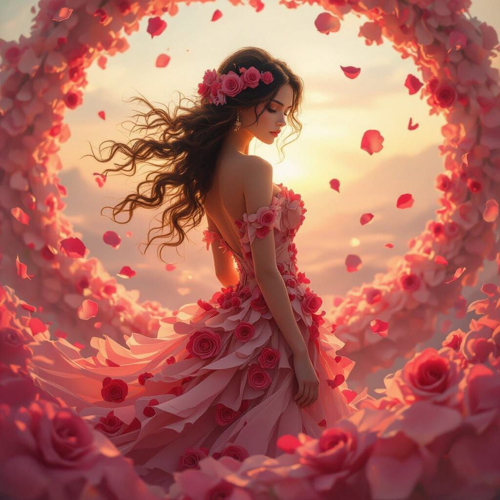 Woman Made of Rose Petals at Dawn, Painterly Style